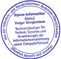 Rund Stempel EDV-Sachverständiger Morgenstern, öffentlich bestellter und vereidigter EDV Sachverständiger, EDV-Gutachter